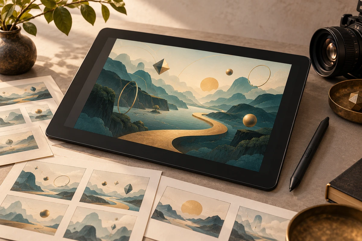 Drawing tablet and storyboard materials, representing original media and animation