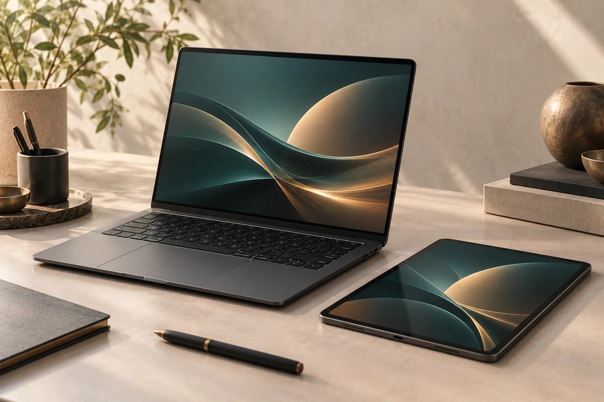 Laptop and tablet on a warm desk, representing technology and AI tools